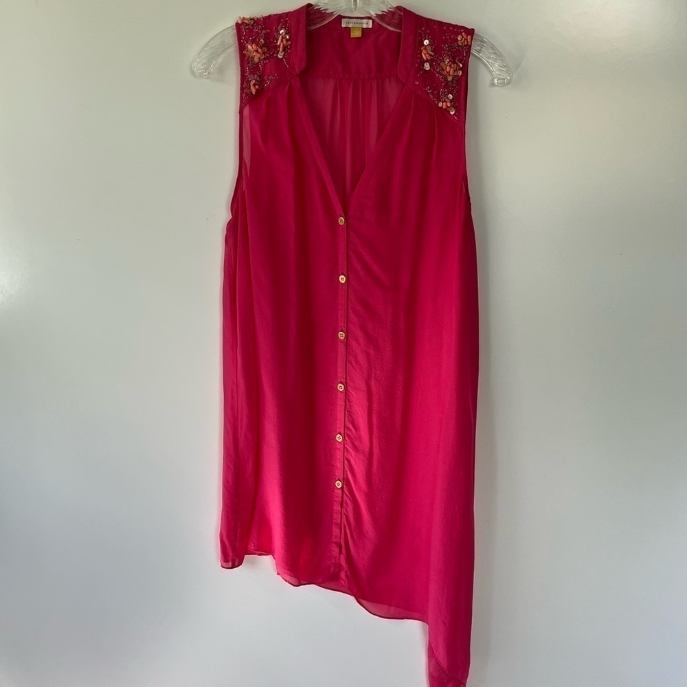 Leifsdottir Anthropologie Bright Pink sleeveless embellished hi-low silk blouse